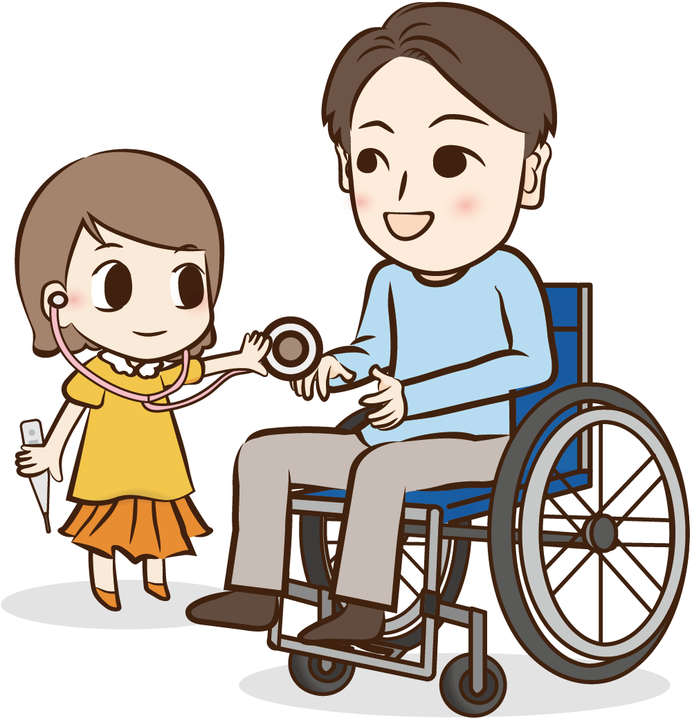 小女孩拿著玩具聽診器面對著一名男性輪椅使用者